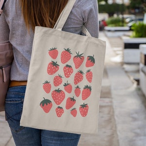 Strawberry Tote Bag, Cottage Core Bag, Cute Strawberries Tote Bag, Aesthetic Tote Bag, Reusable Bag, Forestcore Bag, Kawaii Market Bag