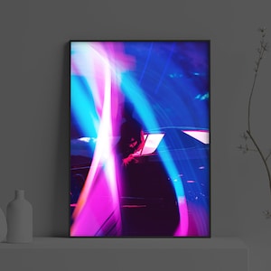 Vaporwave Art Poster | Futuristic Purple Blue Neon Synthwave Car Print | Vaporwave Wall Art | Retrowave Game Room Decor