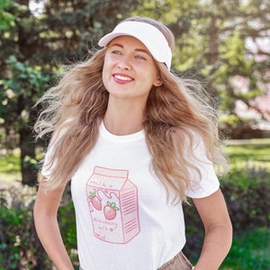 -shirt do leite da morango | T da ilustração dos desenhos animados do leite Camiseta de <br> Crie Seu Próprio Produto! Roupas Estéticas Kawaii | Camiseta unissex de manga curta