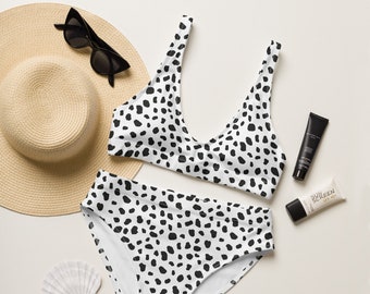 Dalmatian Print Bikini Set, Recycled High-Waisted Bikini, Boho Chic Bikini, Polka Dot Swimsuit, Modern Swimwear