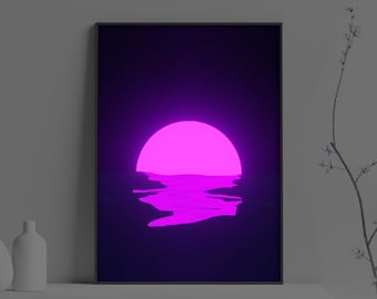Aesthetic Vaporwave Neon Purple Sunset Sea Poster | Retro Futuristic Sunset Print | Sunrise Aesthetic Wall Art