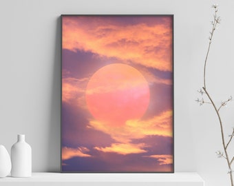 Aesthetic Sunset Poster Print | Vaporwave Orange Pink Sunrise Artwork | Abstract Clouds Sunset Wall Art | Relax Print For Wall