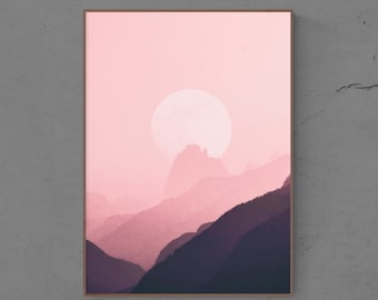 Aesthetic Layered Moon & Mountains Poster | Abstract Sunset Sunrise Wall Art Print | Pink Sky Foggy Mountain Landscape Poster Print
