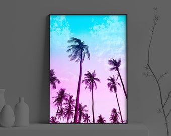 Vaporwave Tropical Palm Trees Poster | Retro Futuristic Palm Leaves Print | Summer Aesthetic Wall Art