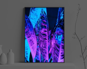 Vaporwave Neon Bladeren Poster | Retro Futuristisch Paars Blauw Bloemenprint | Vaporwave Esthetische Kunst aan de Muur