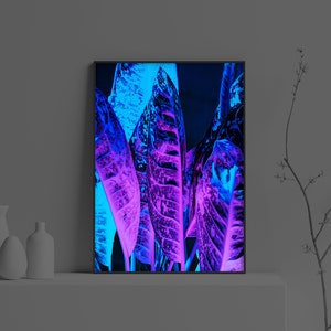 Vaporwave Neon Leaves Poster | Retro Futuristic Purple Blue Floral Print | Vaporwave Aesthetic Wall Art