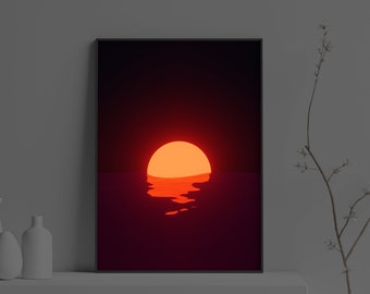 Aesthetic Vaporwave Neon Orange Red Sunset Sea Poster | Retro Futuristic Sunset Print | Sunrise Aesthetic Wall Art