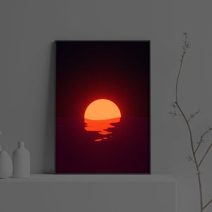 Aesthetic Vaporwave Neon Orange Red Sunset Sea Poster | Retro Futuristic Sunset Print | Sunrise Aesthetic Wall Art