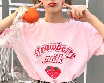 Kawaii Strawberry Milk T-Shirt, Kawaii Shirt, Cute Milk Cartoon Tee, Kawaii Clothing, Japanese Shirt, Aesthetic Clothing, Unisex T-Shirt