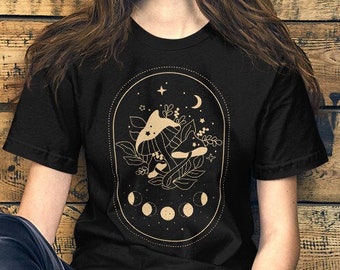 Magical Celestial Mushroom & Moon Phases Line Art T-Shirt | Dark Academia Aesthetic T-Shirt | Dark Academia Clothing | Unisex T-Shirt