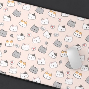 Kawaii Kitty Cat Desk Mat | Cute Chibi Cats Kawaii Desk Mat | Japanese Kitten Gaming Mouse Pad | Kawaii Aesthetic Desk Decor | Wide Desk Pad