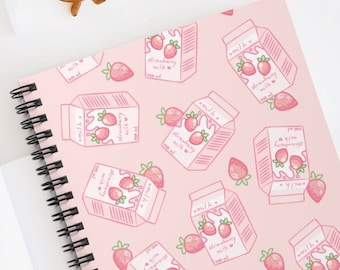 Strawberry Milk Notebook Journal Diary | Kawaii Aesthetic | Cute Japanese Korean Stationery | 6x8" Spiral Notebook | Ruled Line Pages