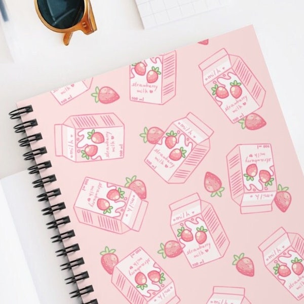 Strawberry Milk Notebook Journal Diary | Kawaii Aesthetic | Cute Japanese Korean Stationery | 6x8" Spiral Notebook | Ruled Line Pages