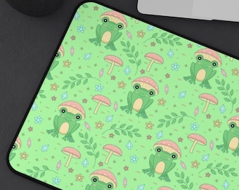 Kawaii Frog Desk Mat, Cottagecore Desk Mat, Frog Mushroom Desk Mat, XXL Japanese Gaming Mouse Pad, Anime Aesthetic, Green Wide Desk Pad