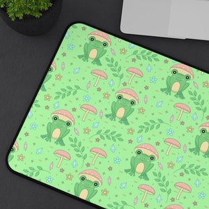 Kawaii Frog Desk Mat, Cottagecore Desk Mat, Frog Mushroom Desk Mat, XXL Japanese Gaming Mouse Pad, Anime Aesthetic, Green Wide Desk Pad