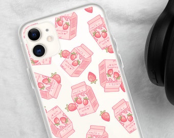 Strawberry Milk Phone Case | Kawaii iPhone Case | Aesthetic Cute Pink Kawaii Japanese Anime Otaku Style Phone Clear Case | Gift for Her BFF