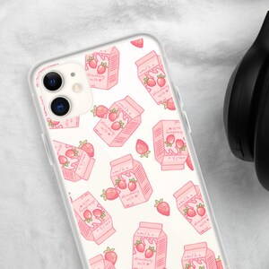 Strawberry Milk Phone Case | Kawaii iPhone Case | Aesthetic Cute Pink Kawaii Japanese Anime Otaku Style Phone Clear Case | Gift for Her BFF