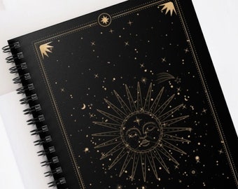 Mystical Sun Notebook | Celestial Spiral Notebook | Witchy Journal | Constellations Cover | 118 Ruled Lined Pages