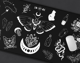 Dark Witchy Desk Mat | Occult Mystical Magic Desk Mat | Dark Academia Aesthetic Desk Accessory | Large Gaming Mouse Pad | Celestial Desk Mat