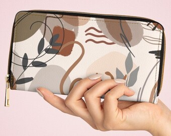Minimalist Wallet, Abstract Wallet, Neutral Brown Zipper Wallet, Boho Accessory, Cute Boho Wallet, Retro Floral Wallet, Wallet for Women