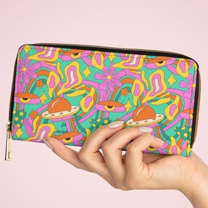 Billetera psicodélica, billetera hippie, billetera trippy zipper, accesorio hippie, billetera linda, billetera retro Groovy, billetera para mujeres
