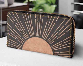 Mid Century Modern Zipper Wallet | Dark Gold Sun Wallet | Retro Boho Sun Clutch Purse Wallet for Women