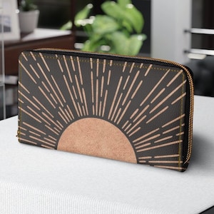 Mid Century Modern Zipper Wallet / Dark Gold Sun Wallet / Retro Boho Sun Clutch Purse Wallet para mujeres