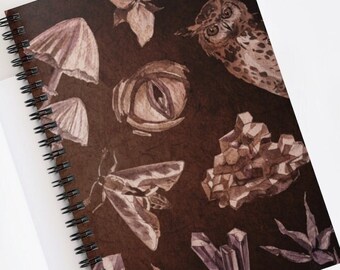 Dark Academia Aesthetic Notebook | Mystical Wilds Mushroom Owl Moth Crystal Spiral Notebook | Gothic Withcy Notebook | 118 Ruled Lined Pages