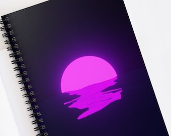 Aesthetic Vaporwave Neon Purple Sunset Sea Notebook | Retro Futuristic Sunset Cover | Sunrise Aesthetic Spiral Notebook | Ruled Line Pages