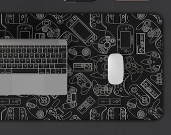 Tapete de escritorio para juegos en blanco y negro / Accesorio de escritorio temático Gamepad / Alfombrilla de ratón estética grande / Almohadilla de escritorio extendida / Regalos para jugadores