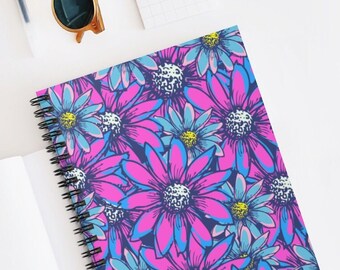 Floral Notebook | Retro 90s Purple Blue Neon Flowers Notebook | Retro Aesthetic Spiral Notebook Gift for Women | 118 Ruled Lined Pages