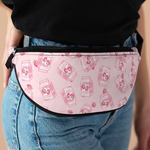 Kawaii Strawberry Milk Fanny Pack | Cute Kawaii Milk Cartoon Hip Bag | Pink Crossbody Waist Pouch | Japanese Anime Aesthetic Bum Bag
