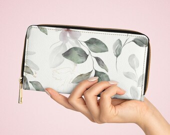 Floral Zipper Wallet | Modern Hand Drawn Botanical Watercolor Wallet | Boho Aesthetic