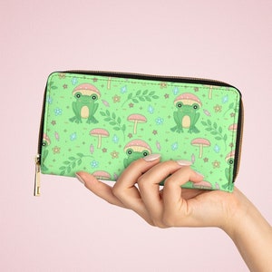 Carteira com zíper Sapo Cottagecore | Carteira verde fofa de cogumelo sapo Kawaii | Carteira estilo Otaku de anime japonês