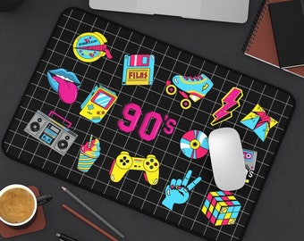 90er Nostalgie Schreibtischmatte | Retro Gamer Schreibtischmatte | XXL Retro 90er Jahre Ästhetisches Gaming Mauspad | Neon Große Schreibtischmatte | Breites Schreibtischkissen