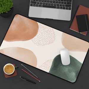 Boho Abstract Desk Mat | Brown Green Geometric Aesthetic Desk Accessory | Boho Desk Topper | Large Bohemian Mouse Pad | Cute Desk Decor