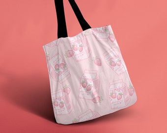 Strawberry Milk Tote Bag | Pink Pastel Kawaii Tote Bag | Shopping Bag Market Bag Beach Bag | Cute Tote Bag
