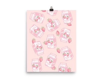 Kawaii Pink Strawberry Milk Poster | Kawaii Aesthetic Wall Art | Strawberry Milk Cartoon Print | Kawaii Wall Decor