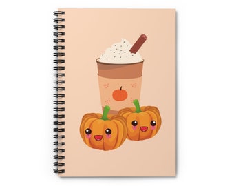 Kürbis Gewürz Notizbuch | Herbst Latte Journal | Kawaii Halloween Kürbis Tagebuch | Spiral Notizbuch | Line Pages gefüttert