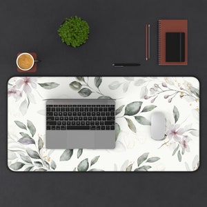 Floral Desk Mat | Modern Hand Drawn Botanical Watercolor Desk Accessory | Large Bohemian Aesthetic Green Mouse Pad