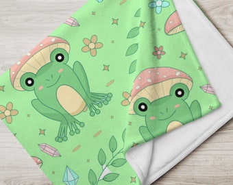 Cottagecore Kawaii Frog Blanket / Manta de lana de hongos de rana verde suave / Manta de lanzamiento de estética Cottagecore / Decoración japonesa del hogar