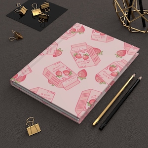 Kawaii Strawberry Milk Hardcover Journal | Pink Japanese Aesthetic Notebook | Harajuku Lined Journal | Anime Journal Notebook