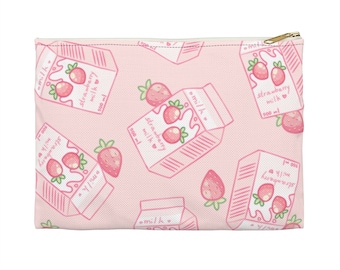 Strawberry Milk Accessory Pouch | Kawaii Makeup Bags | Soft Pink Cosmetics Bag | Funny Cute Pouches | Spinnanight Bag | Gifts for Friends