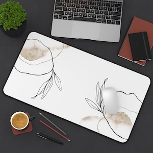 Boho Line Art Leaves Desk Mat | Abstract Boho Watercolor Spots Desk Accessory | Large Bohemian Aesthetic Mouse Pad | Modern Boho Desk Decor