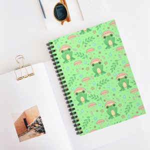 Cottagecore Kawaii Frog Notebook | Green Frog Mushroom Spiral Notebook | Japanese Aesthetic Notebook Journal Diary | 118 Ruled Lined Pages