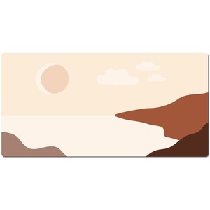 May include: A rectangular desk mat featuring an abstract landscape design. The design includes a light beige sky with a peach-colored sun and white clouds. Brown and beige shapes represent land and water.