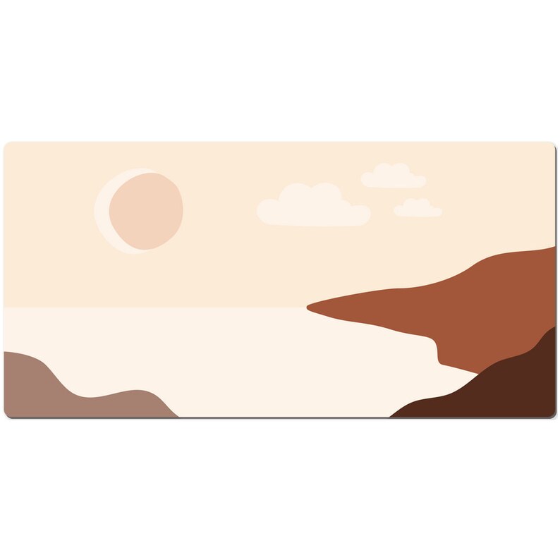 May include: A rectangular desk mat featuring an abstract landscape design. The design includes a light beige sky with a peach-colored sun and white clouds. Brown and beige shapes represent land and water.