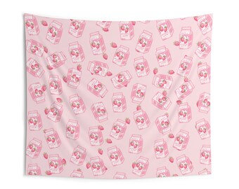 Kawaii Strawberry Milk Indoor Wall Tapestry | Anime Wall Hanging | Cartoon Tapestry | Background Cloth | Cute Kawaii Home Wall Decor