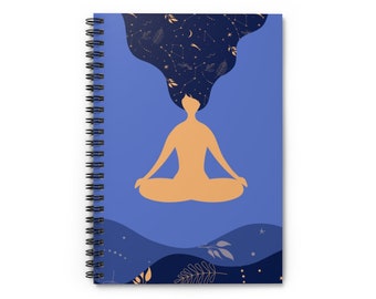 Meditation Notebook | Boho Aesthetic Meditating Women Spiral Notebook | Celestial Notebook | 118 Ruled Lined Pages