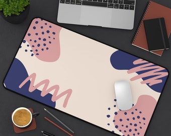 Pink Blue Abstract Desk Mat | Boho Geometric Desk Accessory | Boho Desk Topper | Large Bohemian Aesthetic Mouse Pad | Cute Desk Decor
